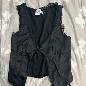 black satin tie front top